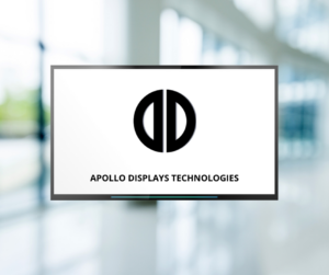 Display screen with Apollo Displays Technologies logo on it