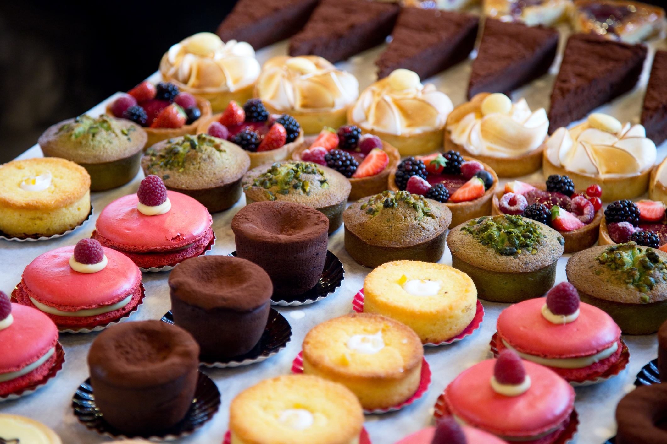 fresh colorful cakes at a bakery