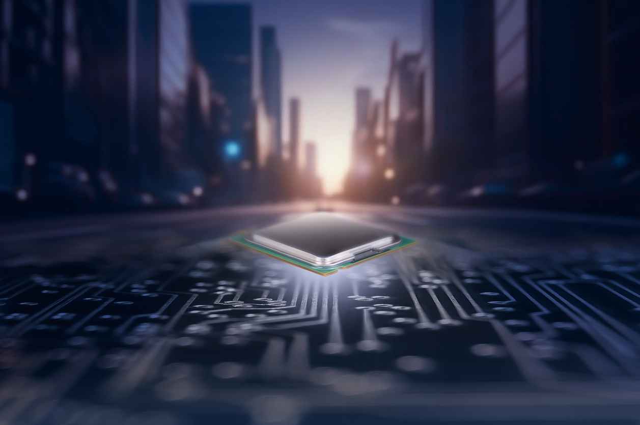 An innovative integrated circuit is prominently positioned in the center of an urban street, with the city skyline silhouetted against a twilight sky in the background, suggesting a blend of technology and infrastructure; Embedded Solutions For Industrial Applications